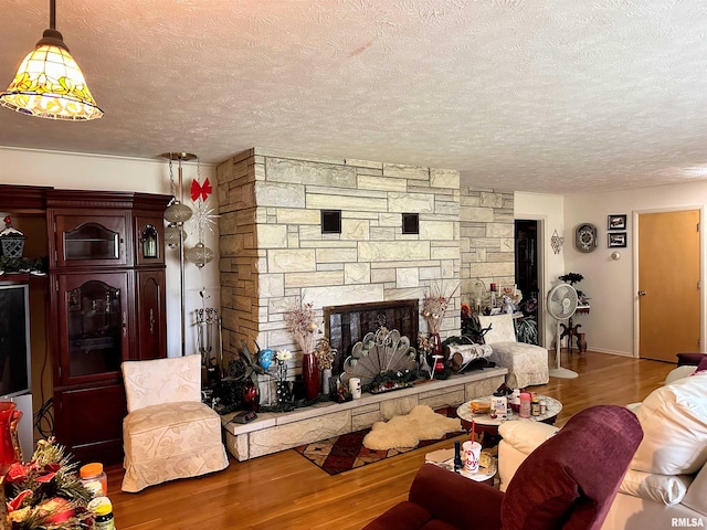 1011 W Goodall St, Marion, IL 62959 - living area featuring wood finished floors, a textured ceiling, and a stone fireplace