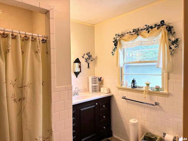 1011 W Goodall St, Marion, IL 62959 - full bathroom with ornamental molding, vanity, a shower with shower curtain, tile walls, and wainscoting