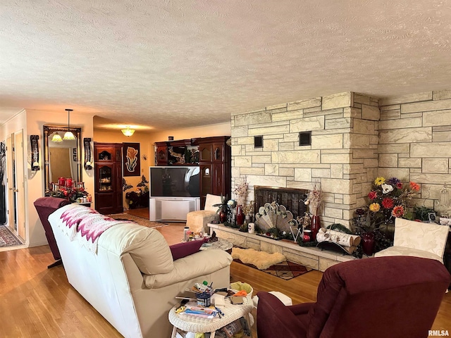 1011 W Goodall St, Marion, IL 62959 - living room featuring wood finished floors, a textured ceiling, and a stone fireplace