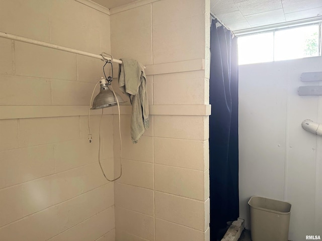 1011 W Goodall St, Marion, IL 62959 - bathroom featuring a shower with shower curtain and concrete block wall