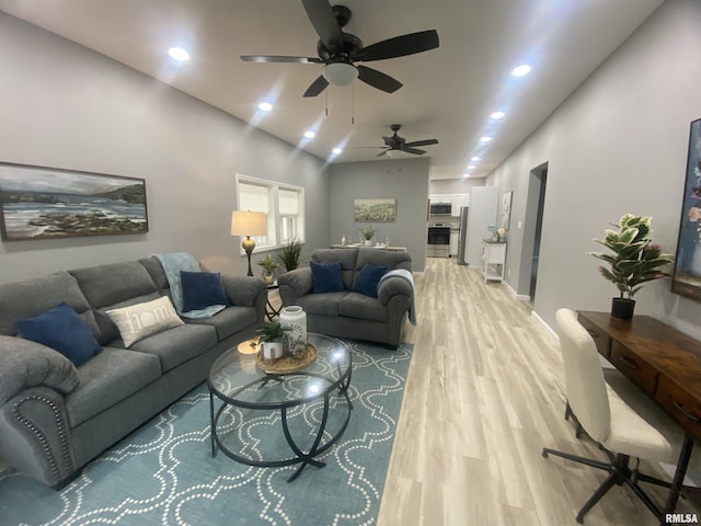 421 N 10th St, Benton, IL 62812 - living room featuring light wood-style floors, a ceiling fan, recessed lighting, and baseboards