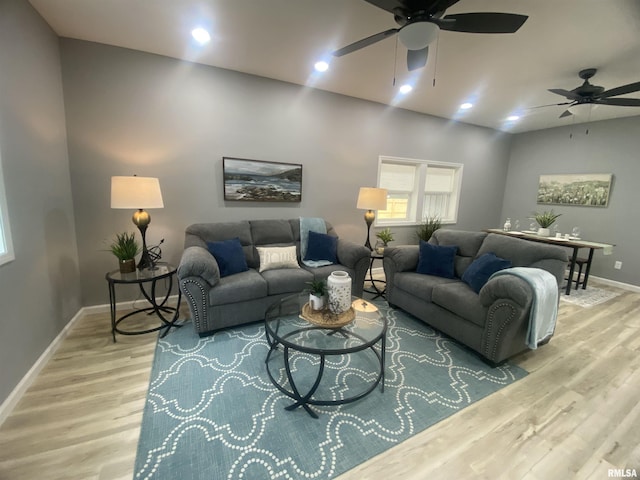421 N 10th St, Benton, IL 62812 - living room featuring ceiling fan, wood finished floors, baseboards, and recessed lighting