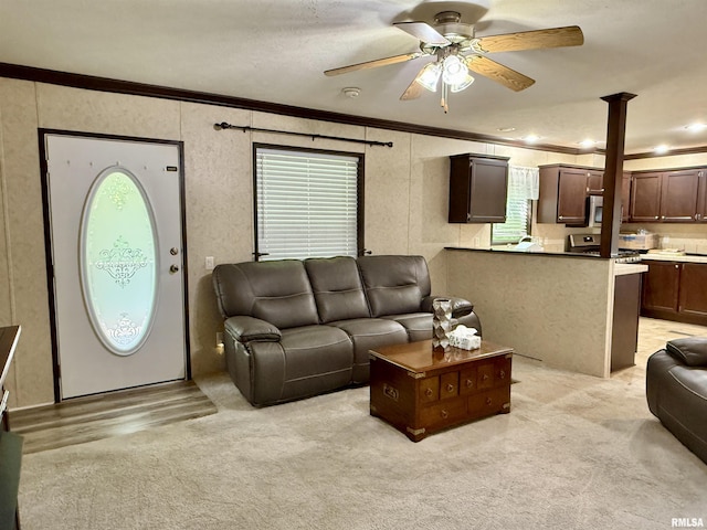 113 E 21st St, Metropolis, IL 62960 - living room featuring ornamental molding, ceiling fan, and light colored carpet