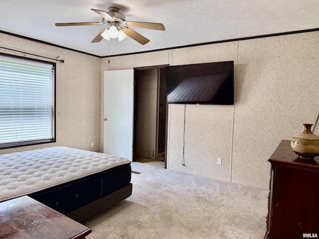 113 E 21st St, Metropolis, IL 62960 - carpeted bedroom with ornamental molding, a textured wall, a textured ceiling, and ceiling fan