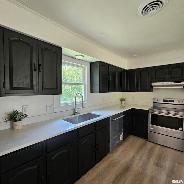 15074 N Mccauley Ln, Mount Vernon, IL 62864 - kitchen with appliances with stainless steel finishes, a sink, under cabinet range hood, dark cabinets, and light wood-style flooring