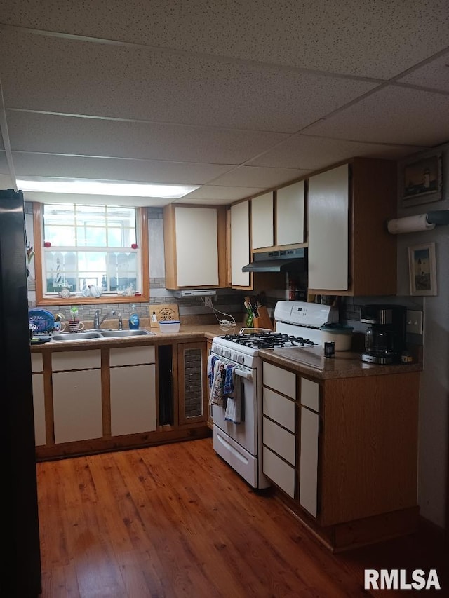 2623 Kk Rd, Waterloo, IL 62298 - kitchen with white range with gas stovetop, a sink, under cabinet range hood, white cabinets, and a paneled ceiling