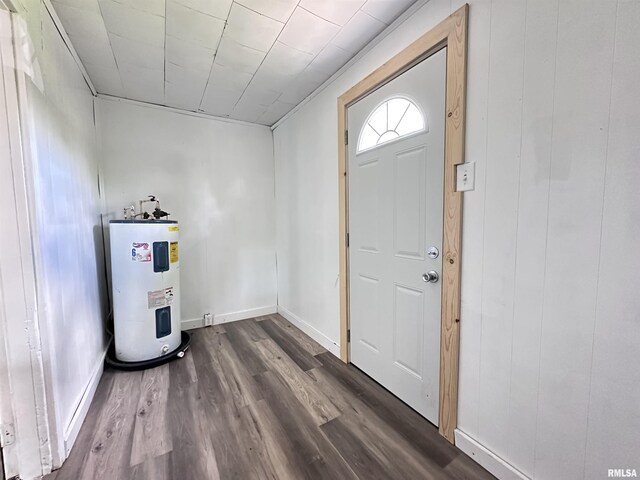 329 N Broadway Ave, Goreville, IL 62939 - entryway featuring electric water heater, dark wood-style flooring, and baseboards