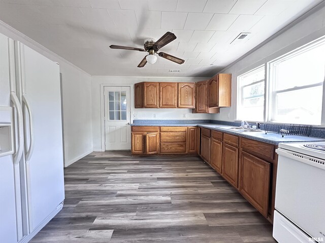 329 N Broadway Ave, Goreville, IL 62939 - kitchen featuring white appliances, a ceiling fan, brown cabinetry, a sink, and wood finished floors