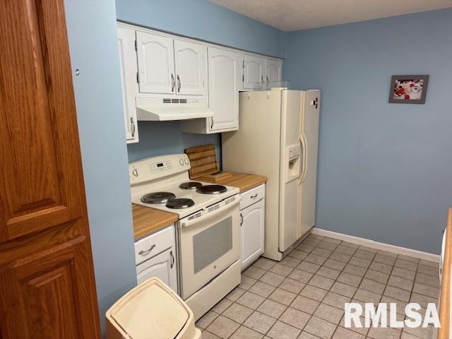 1700 W Taylor Dr, Carbondale, IL 62901 - kitchen with white appliances, under cabinet range hood, white cabinetry, and light countertops