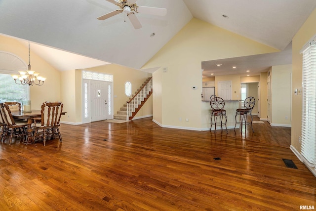 1803 N Dawn Dr, Marion, IL 62959 - living room featuring high vaulted ceiling, wood finished floors, a ceiling fan, a chandelier, and recessed lighting