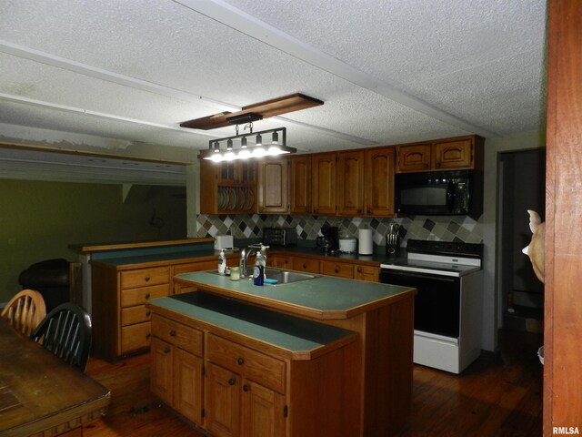 4370 Buncombe Rd, Vienna, IL 62995 - kitchen featuring black microwave, electric range, brown cabinets, dark wood-style floors, and tasteful backsplash