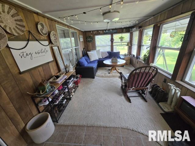 18802 E Fairfield Rd, Mount Vernon, IL 62864 - carpeted living area featuring wood walls, track lighting, and tile patterned floors