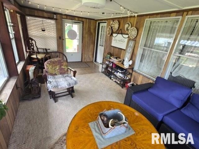 18802 E Fairfield Rd, Mount Vernon, IL 62864 - carpeted living room featuring wood walls, track lighting, and healthy amount of natural light