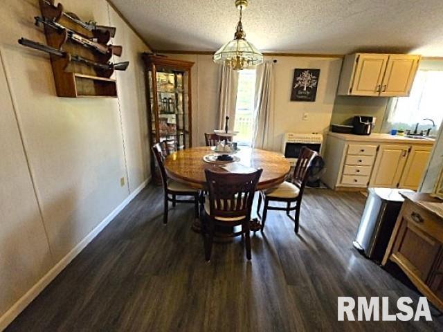 18802 E Fairfield Rd, Mount Vernon, IL 62864 - dining space with a textured ceiling, dark wood-style floors, and a chandelier