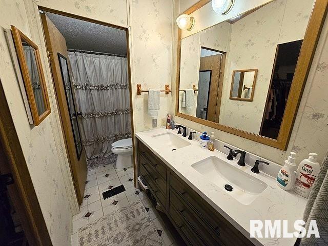 18802 E Fairfield Rd, Mount Vernon, IL 62864 - bathroom with double vanity, tile patterned flooring, and a shower with shower curtain
