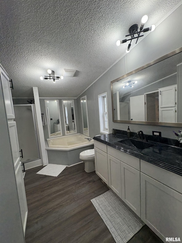 715 Wastena St, Benton, IL 62812 - full bathroom featuring a shower stall, wood finished floors, a garden tub, vanity, and a textured ceiling