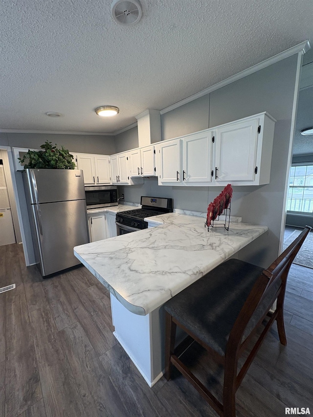 715 Wastena St, Benton, IL 62812 - kitchen with stainless steel appliances, a textured ceiling, a peninsula, dark wood finished floors, and light countertops