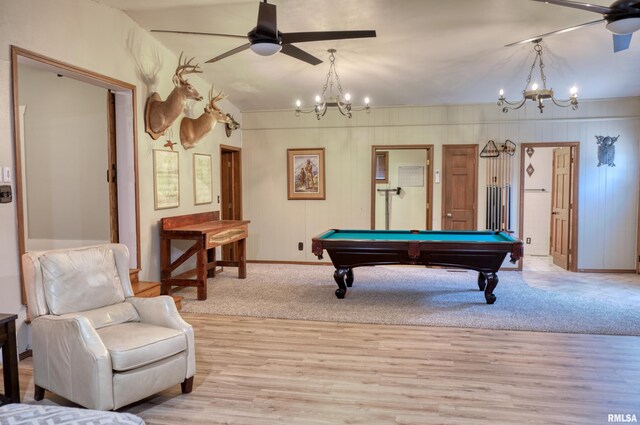 2036 Spruce St, Murphysboro, IL 62966 - recreation room featuring a chandelier, a ceiling fan, light wood-style floors, and billiards table