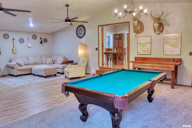 2036 Spruce St, Murphysboro, IL 62966 - recreation room with ceiling fan, billiards, lofted ceiling, and wood finished floors