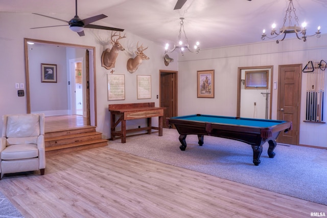 2036 Spruce St, Murphysboro, IL 62966 - rec room featuring a chandelier, wood finished floors, a ceiling fan, and billiards