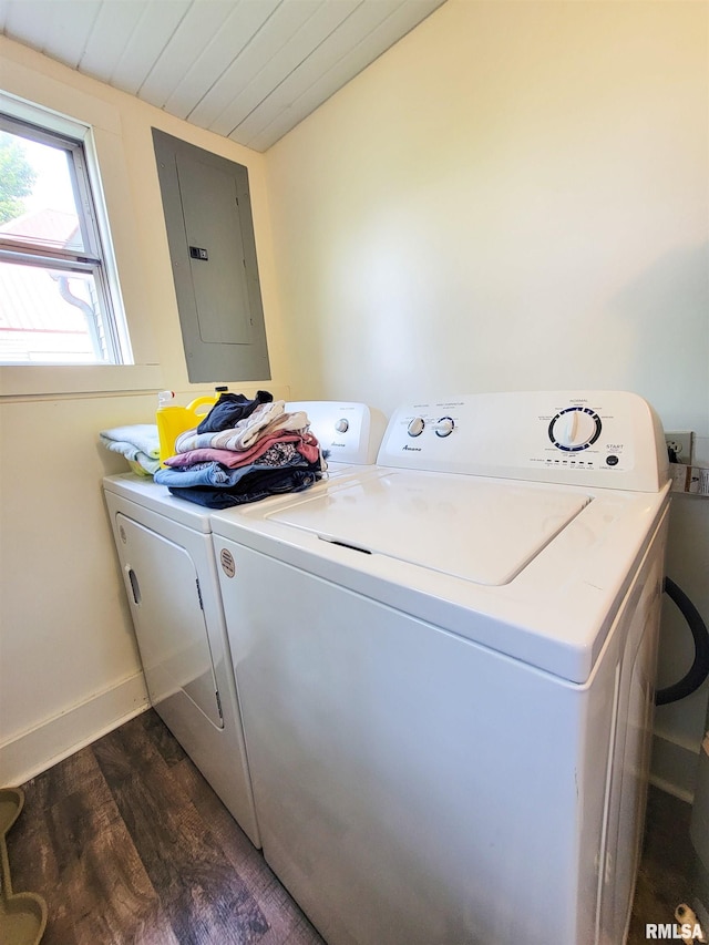 511 W 4th St, Flora, IL 62839 - washroom featuring electric panel, independent washer and dryer, dark wood finished floors, and wooden ceiling
