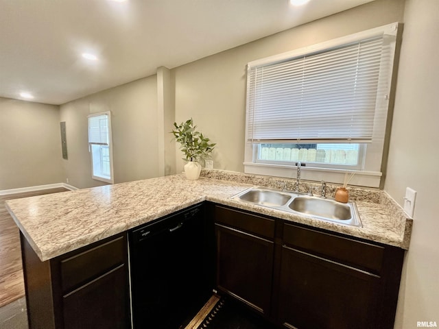 314 W 12th St, Metropolis, IL 62960 - kitchen featuring dishwasher, a peninsula, light countertops, dark brown cabinets, and recessed lighting