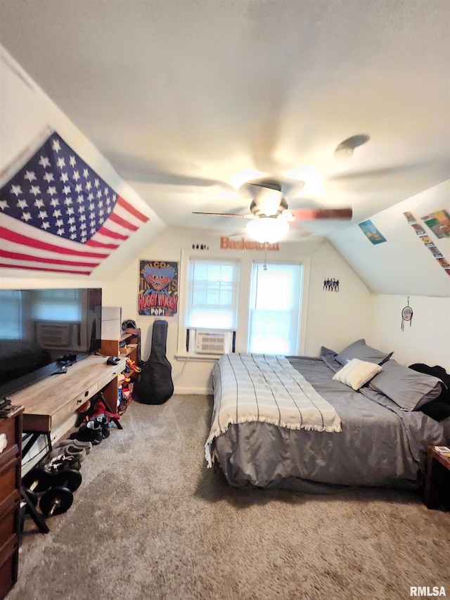202 N Oakland St, Carbondale, IL 62901 - bedroom featuring carpet floors, cooling unit, vaulted ceiling, and a ceiling fan