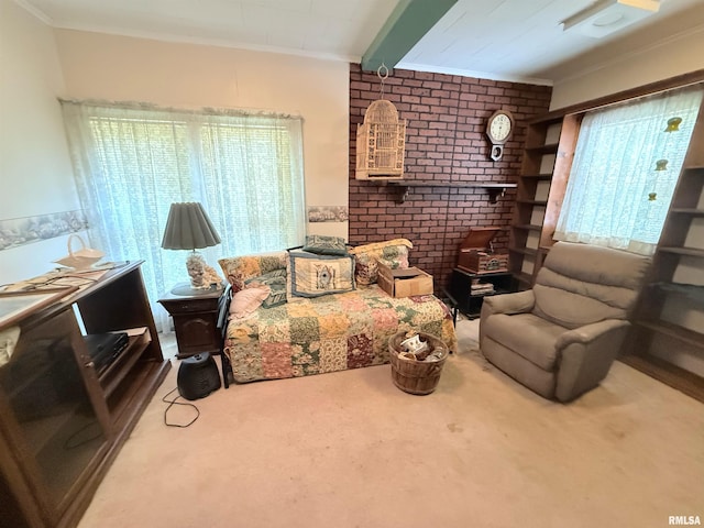 306 E 5th St, West Frankfort, IL 62896 - living area with carpet floors, ornamental molding, and brick wall