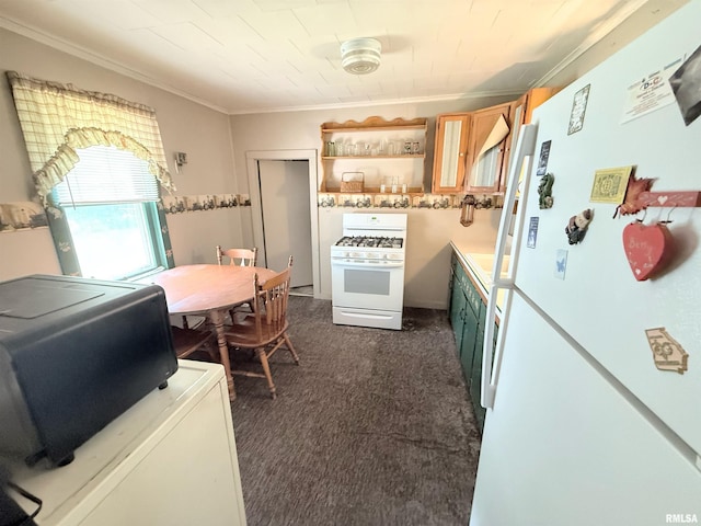 306 E 5th St, West Frankfort, IL 62896 - kitchen featuring white appliances, dark colored carpet, ornamental molding, washer / clothes dryer, and open shelves