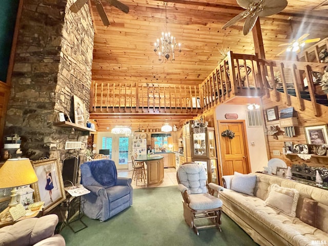 9596 Fox Hunters Rd, Benton, IL 62812 - living room featuring a ceiling fan, light colored carpet, a towering ceiling, wood ceiling, and a chandelier