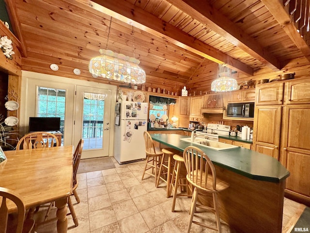 9596 Fox Hunters Rd, Benton, IL 62812 - kitchen featuring white appliances, dark countertops, wooden ceiling, a center island with sink, and a breakfast bar area