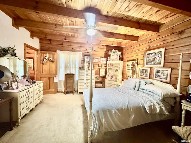 9596 Fox Hunters Rd, Benton, IL 62812 - bedroom with wooden walls, a wooden ceiling with exposed beams, and light colored carpet