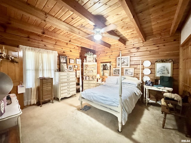 9596 Fox Hunters Rd, Benton, IL 62812 - bedroom with a wooden ceiling with exposed beams, wood walls, and carpet flooring