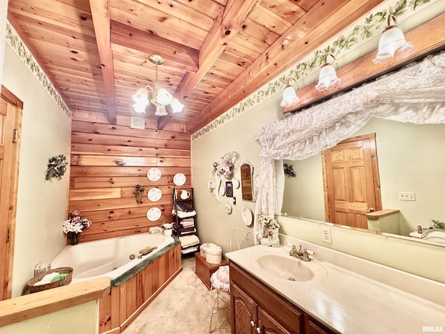 9596 Fox Hunters Rd, Benton, IL 62812 - bathroom featuring a wood ceiling with exposed beams, a bath, vanity, wood walls, and a chandelier