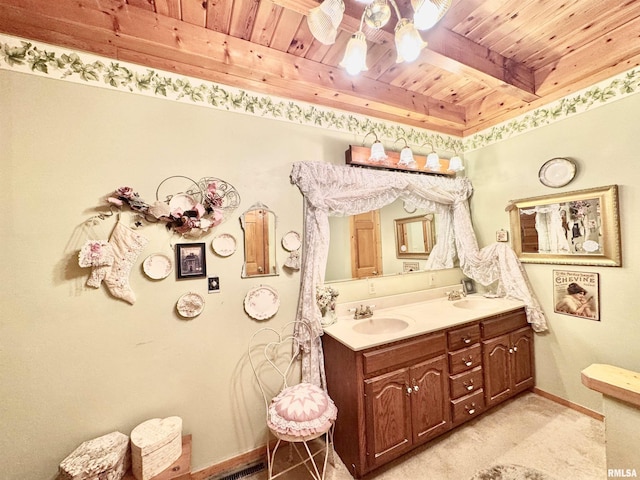 9596 Fox Hunters Rd, Benton, IL 62812 - bathroom with wooden ceiling and double vanity
