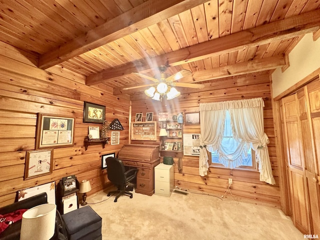 9596 Fox Hunters Rd, Benton, IL 62812 - office area featuring carpet flooring, a wood ceiling with exposed beams, wood walls, and ceiling fan