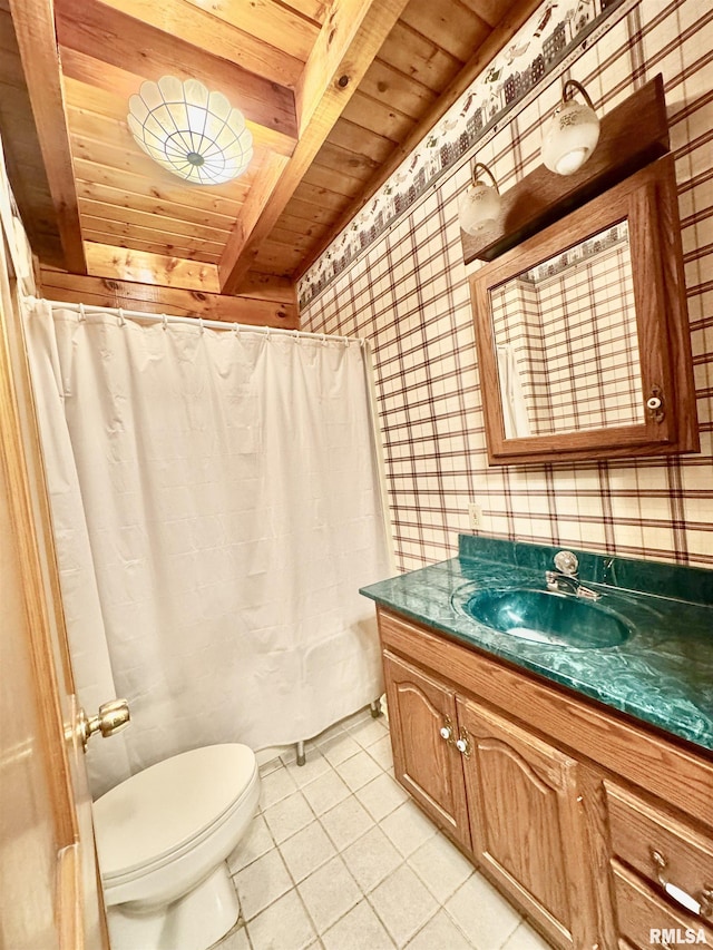 9596 Fox Hunters Rd, Benton, IL 62812 - bathroom featuring a wooden ceiling with exposed beams, wallpapered walls, tile patterned floors, vanity, and a shower with curtain