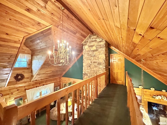 9596 Fox Hunters Rd, Benton, IL 62812 - additional living space with wood ceiling, vaulted ceiling, a chandelier, and wood walls