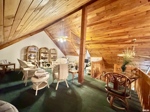 9596 Fox Hunters Rd, Benton, IL 62812 - sitting room with carpet flooring, wooden ceiling, lofted ceiling, and ceiling fan
