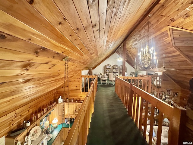 9596 Fox Hunters Rd, Benton, IL 62812 - additional living space with wooden ceiling, vaulted ceiling, wooden walls, and a chandelier