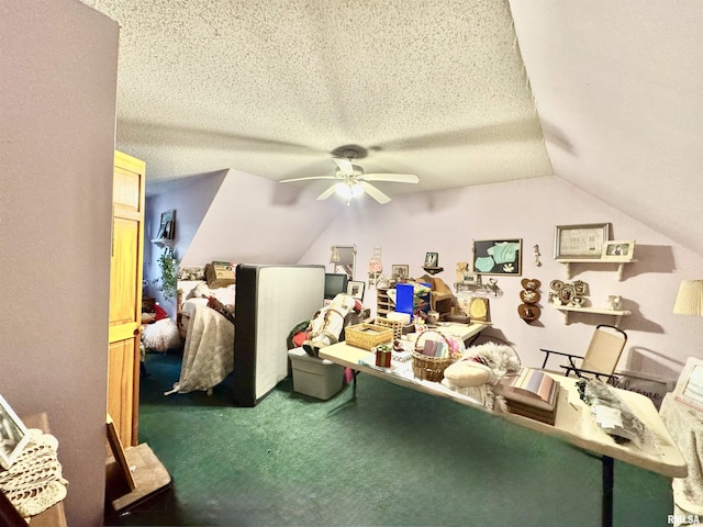 9596 Fox Hunters Rd, Benton, IL 62812 - recreation room featuring carpet, vaulted ceiling, ceiling fan, and a textured ceiling