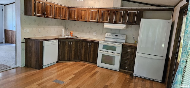 45 Donetta Ln, Creal Springs, IL 62922 - kitchen featuring white appliances, wallpapered walls, extractor fan, light wood-style flooring, and vaulted ceiling