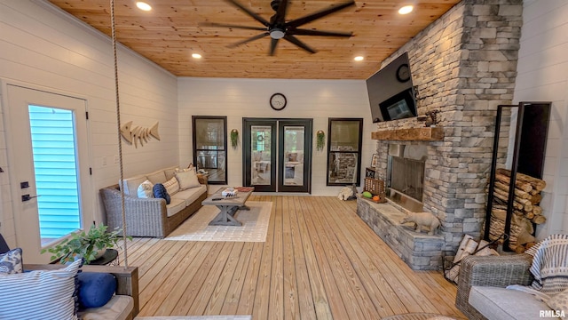 2940 Parrish Rdg, Goreville, IL 62939 - living area featuring wooden ceiling, wood-type flooring, a ceiling fan, recessed lighting, and an outdoor stone fireplace