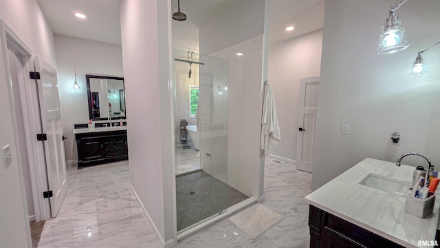 2940 Parrish Rdg, Goreville, IL 62939 - full bath featuring marble look tile flooring, vanity, a shower stall, and recessed lighting