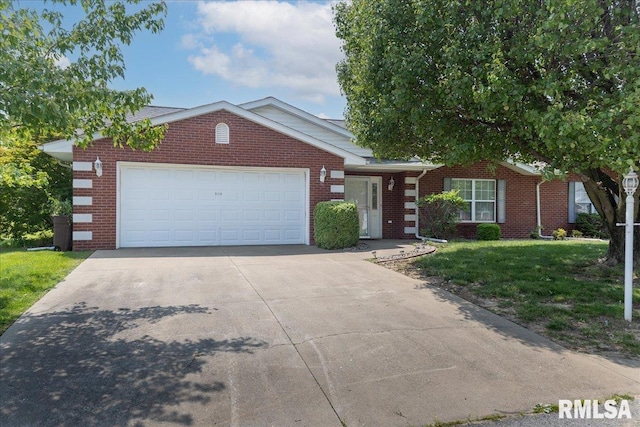 1504 Apache Dr, Marion, IL 62959 - ranch-style house with brick siding, driveway, a front yard, and an attached garage