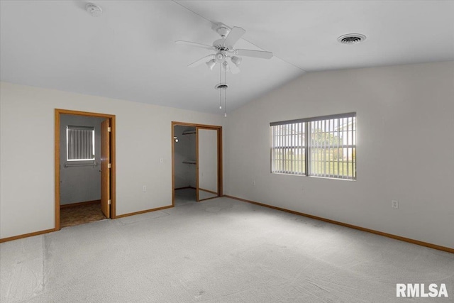 1504 Apache Dr, Marion, IL 62959 - unfurnished bedroom featuring vaulted ceiling, carpet flooring, a closet, ensuite bath, and ceiling fan