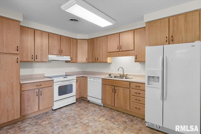 1504 Apache Dr, Marion, IL 62959 - kitchen with white appliances, under cabinet range hood, light countertops, and light floors