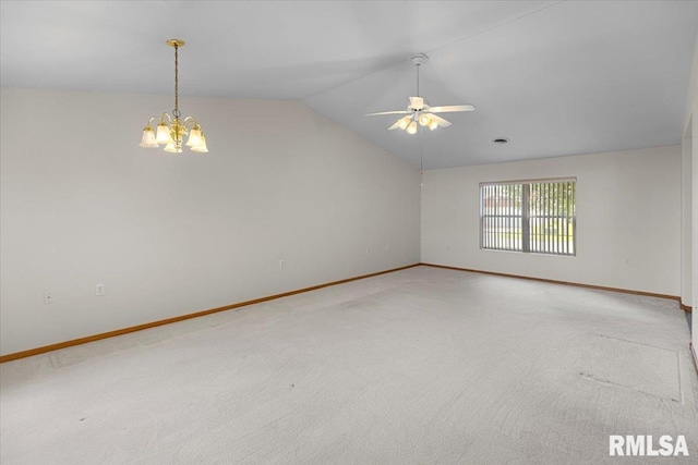 1504 Apache Dr, Marion, IL 62959 - unfurnished room with vaulted ceiling, carpet, ceiling fan, and a chandelier