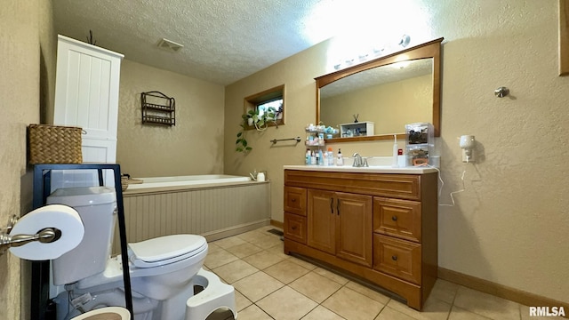 2209 Cedar Hill Rd, West Frankfort, IL 62896 - bathroom with tile patterned floors, a garden tub, vanity, a textured ceiling, and a textured wall