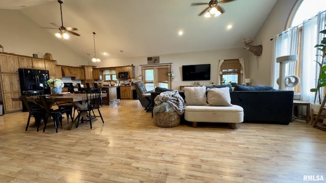 2209 Cedar Hill Rd, West Frankfort, IL 62896 - living room featuring ceiling fan, high vaulted ceiling, light wood-type flooring, and recessed lighting